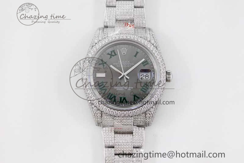 Datejust 41 SS Full Diamonds TWF 1:1 Best Edition Gray Roman Markers Dial on Bracelet A2824