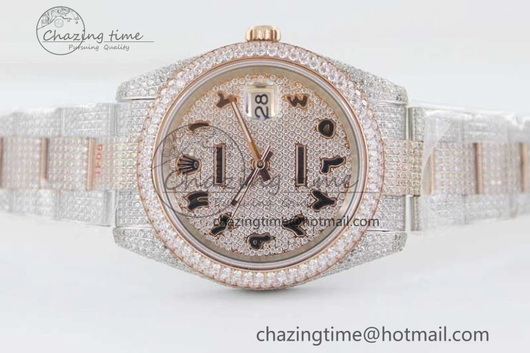 Datejust 41 SS RG Full Diamonds TWF 1:1 Best Edition Arabic Markers Dial on Bracelet A2824