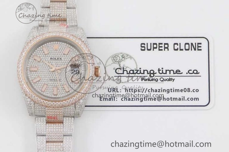 Datejust 41 SS RG Full Diamonds TWF 1:1 Best Edition Diamonds Stick Markers Dial on Bracelet A2824