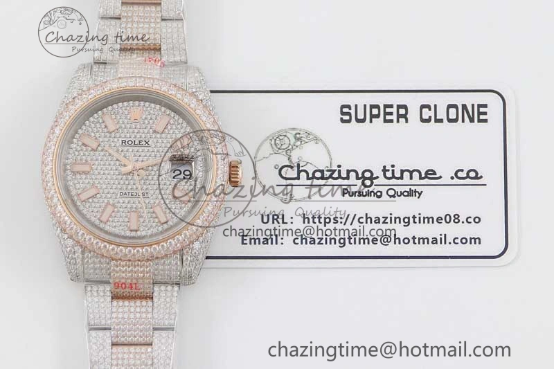 Datejust 41 SS RG Full Diamonds TWF 1:1 Best Edition Diamonds Stick Markers Dial on Bracelet A2824
