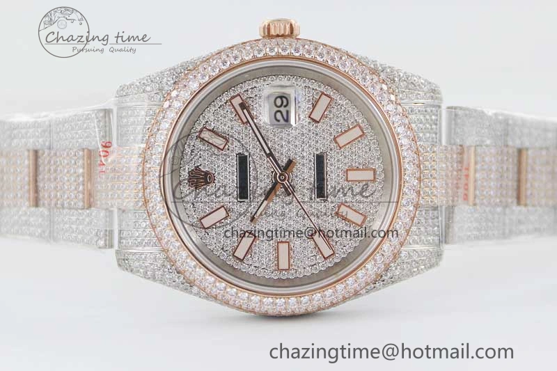 Datejust 41 SS RG Full Diamonds TWF 1:1 Best Edition Diamonds Stick Markers Dial on Bracelet A2824