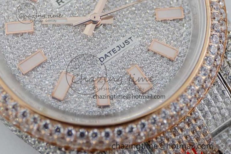 Datejust 41 SS RG Full Diamonds TWF 1:1 Best Edition Diamonds Stick Markers Dial on Bracelet A2824