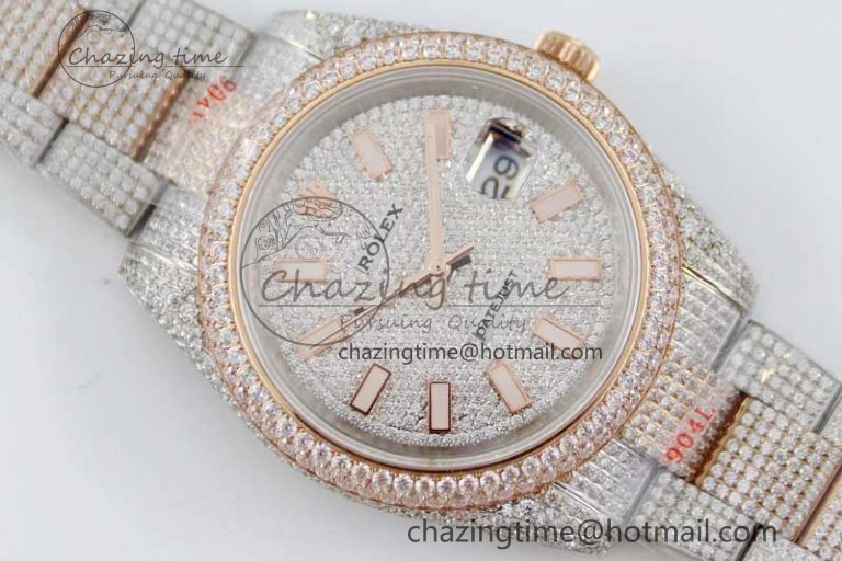 Datejust 41 SS RG Full Diamonds TWF 1:1 Best Edition Diamonds Stick Markers Dial on Bracelet A2824
