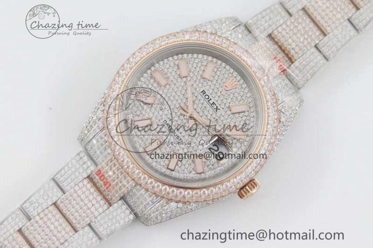 Datejust 41 SS RG Full Diamonds TWF 1:1 Best Edition Diamonds Stick Markers Dial on Bracelet A2824