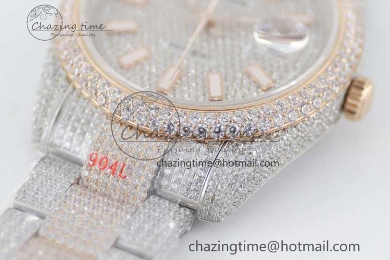 Datejust 41 SS RG Full Diamonds TWF 1:1 Best Edition Diamonds Stick Markers Dial on Bracelet A2824