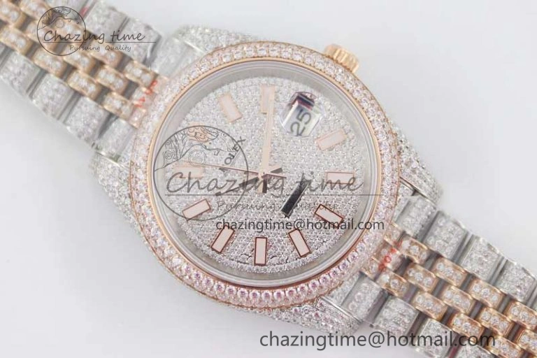 Datejust 41 SS RG Full Diamonds TWF 1:1 Best Edition Diamonds Stick Markers Dial on Jubilee Bracelet A2824