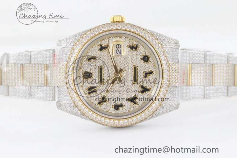Datejust 41 SS YG Full Diamonds TWF 1:1 Best Edition Arabic Markers Dial on Bracelet A2824