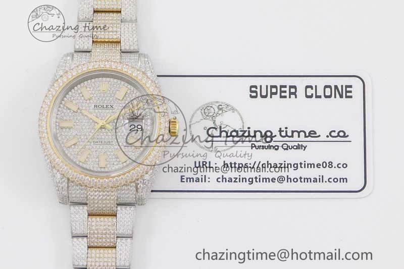 Datejust 41 SS YG Full Diamonds TWF 1:1 Best Edition Diamonds Stick Markers Dial on Bracelet A2824