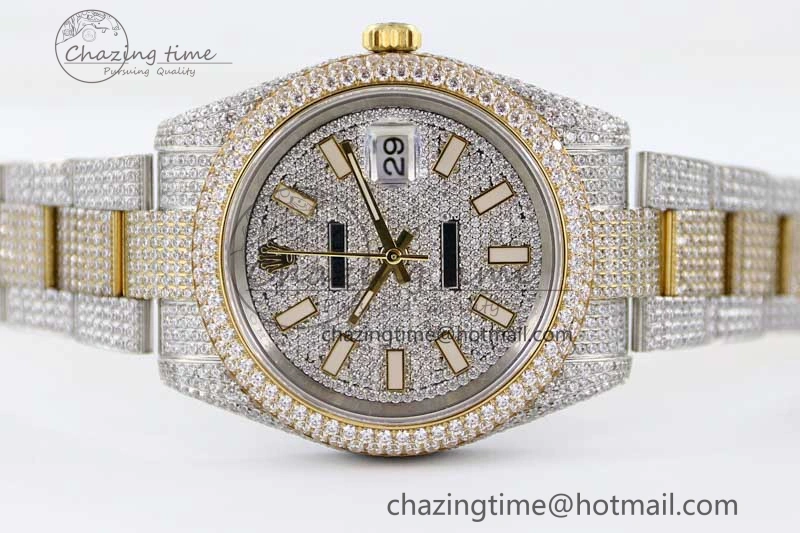 Datejust 41 SS YG Full Diamonds TWF 1:1 Best Edition Diamonds Stick Markers Dial on Bracelet A2824