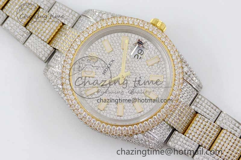 Datejust 41 SS YG Full Diamonds TWF 1:1 Best Edition Diamonds Stick Markers Dial on Bracelet A2824