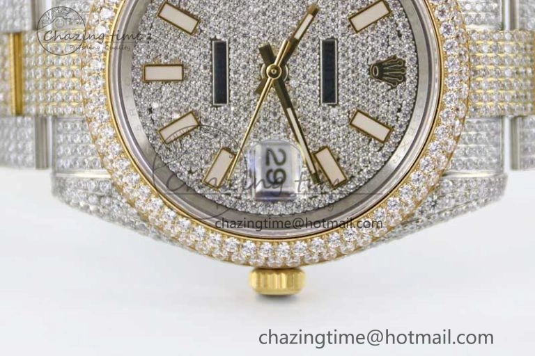 Datejust 41 SS YG Full Diamonds TWF 1:1 Best Edition Diamonds Stick Markers Dial on Bracelet A2824