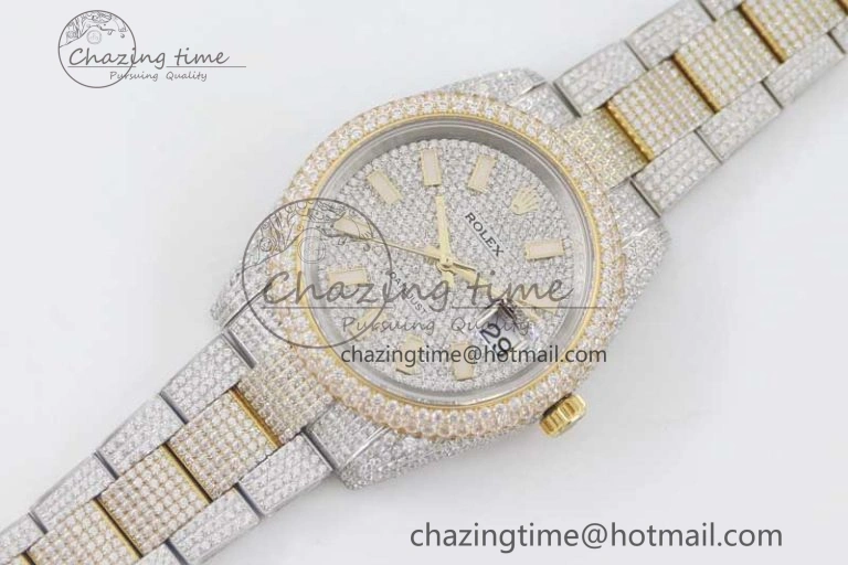 Datejust 41 SS YG Full Diamonds TWF 1:1 Best Edition Diamonds Stick Markers Dial on Bracelet A2824