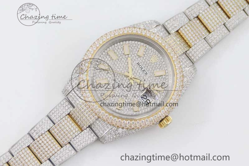 Datejust 41 SS YG Full Diamonds TWF 1:1 Best Edition Diamonds Stick Markers Dial on Bracelet A2824