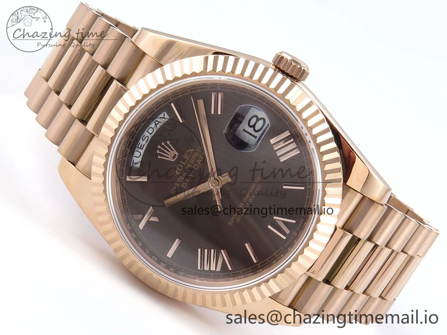 Day Date 128235 36mm RG KF 1:1 Best Edition Brown Roman Dial On President Bracelet A2836 (Gain Weight)