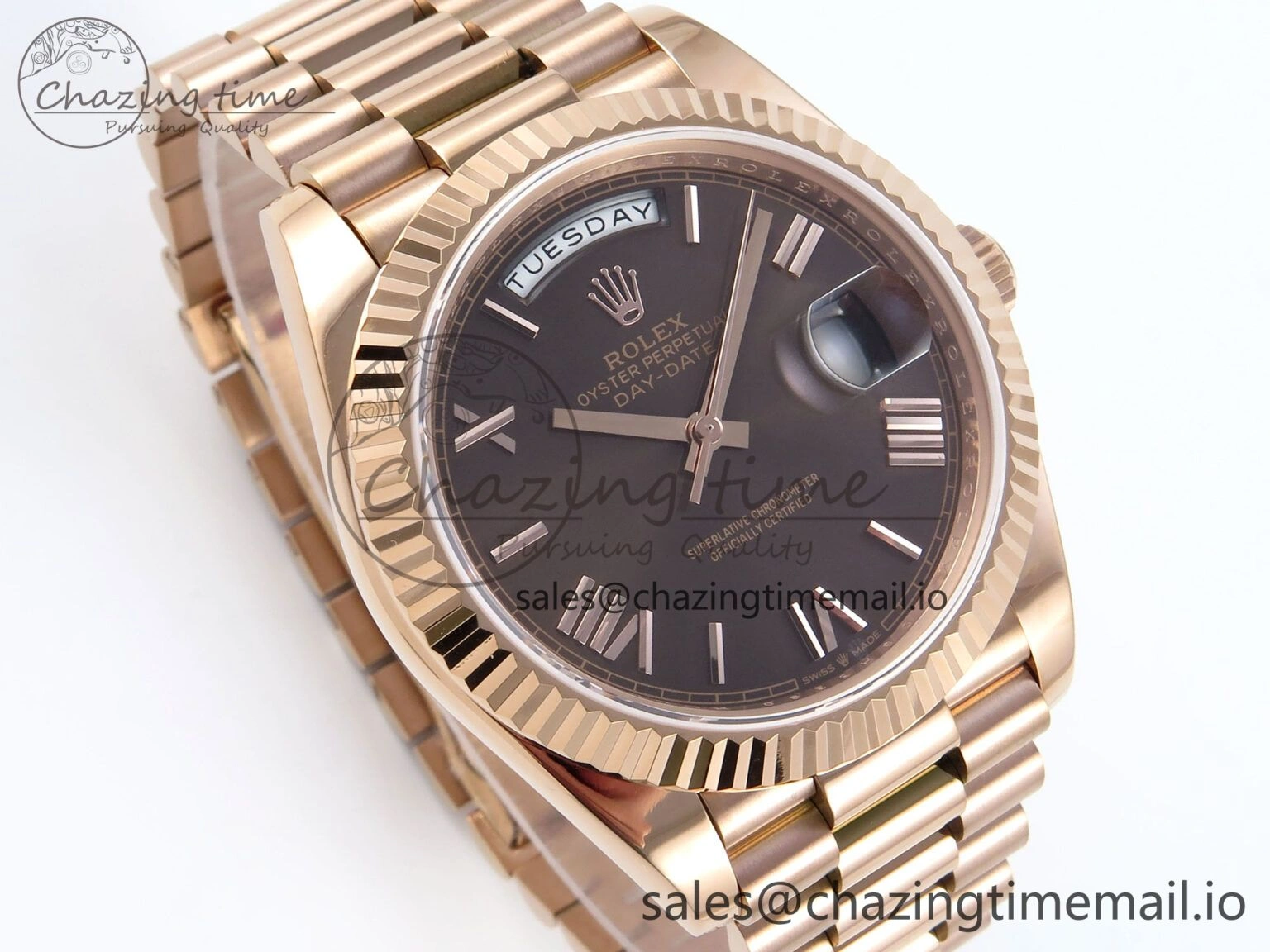 Day Date 128235 36mm RG KF 1:1 Best Edition Brown Roman Dial On President Bracelet A2836 (Gain Weight)