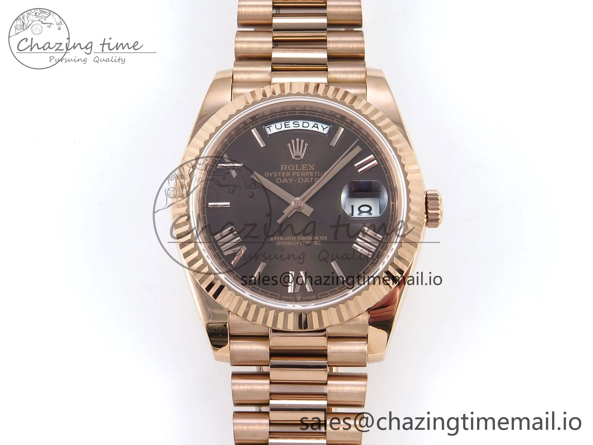 Day Date 128235 36mm RG KF 1:1 Best Edition Brown Roman Dial On President Bracelet A2836 (Gain Weight)