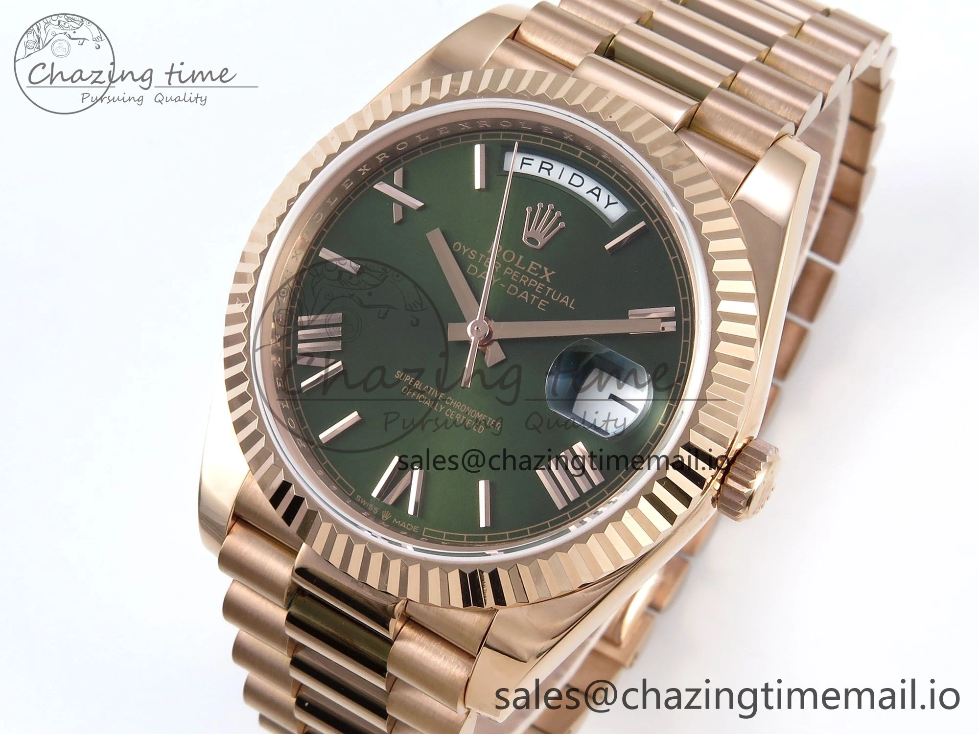 Day Date 128235 36mm RG KF 1:1 Best Edition Green Roman Dial On President Bracelet A2836 (Gain Weight)