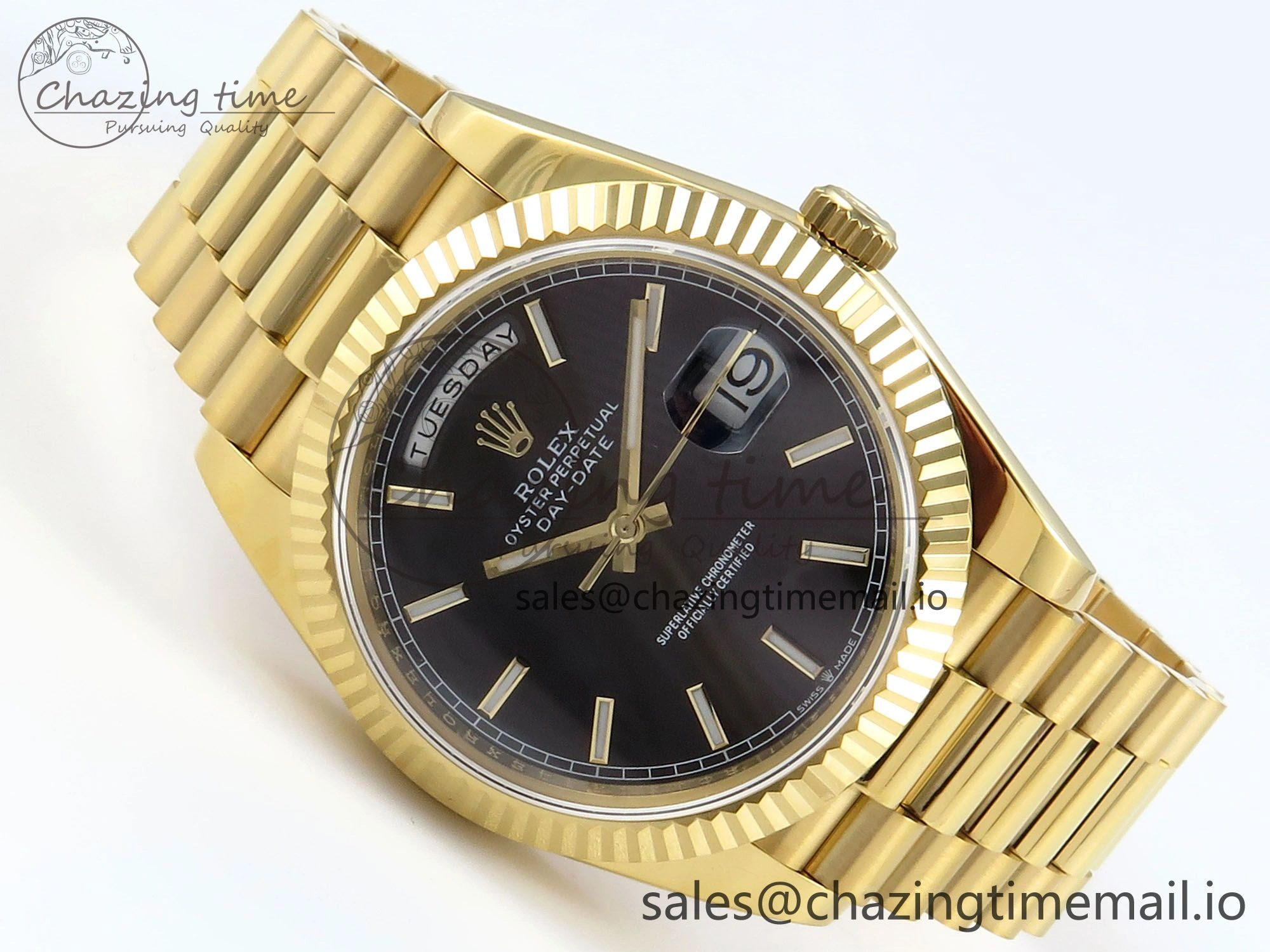 Day Date 128238 36mm YG KF 1:1 Best Edition Black Dial Stick Marker On President Bracelet A2836 (Gain Weight)