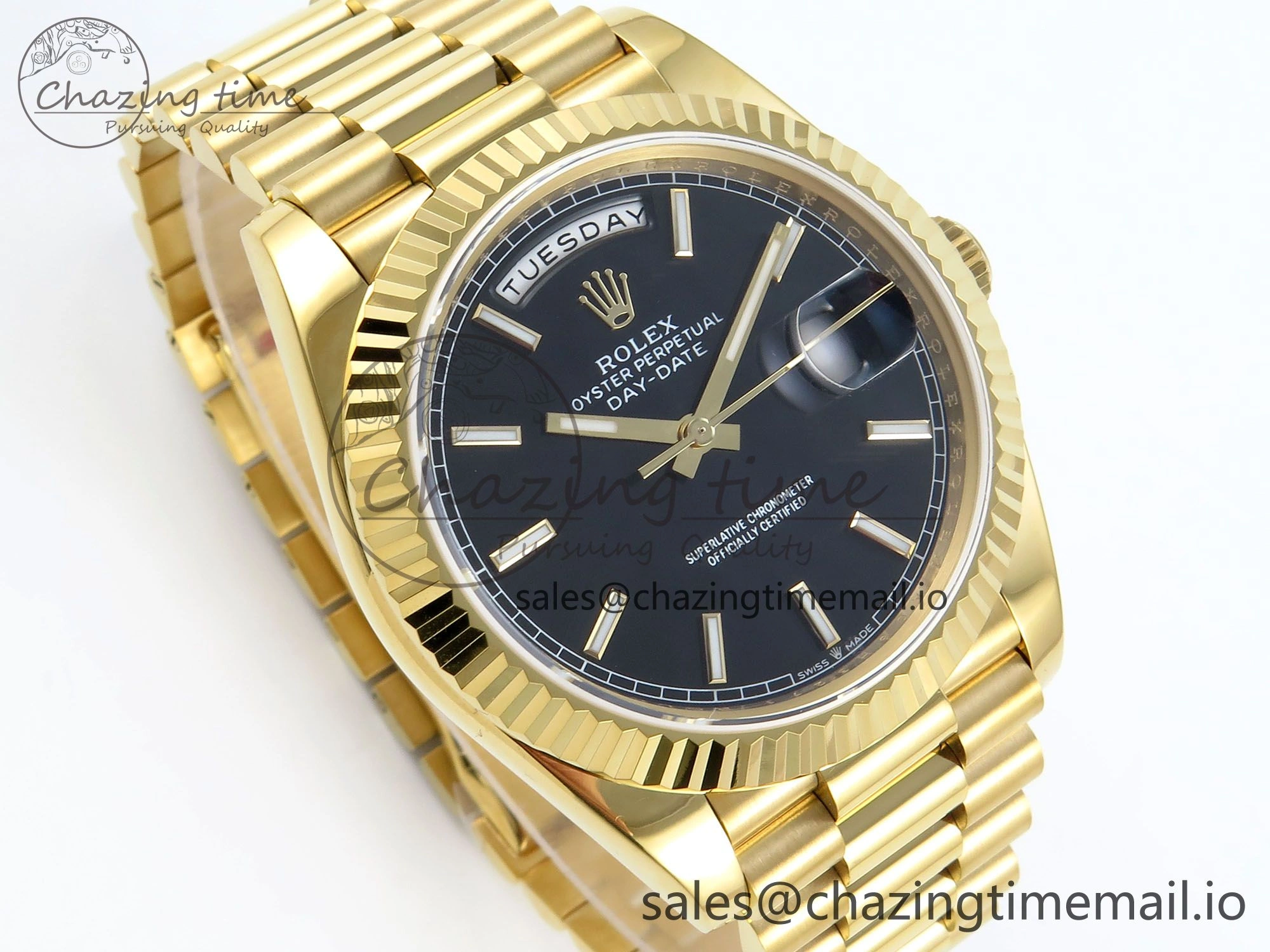 Day Date 128238 36mm YG KF 1:1 Best Edition Black Dial Stick Marker On President Bracelet A2836 (Gain Weight)