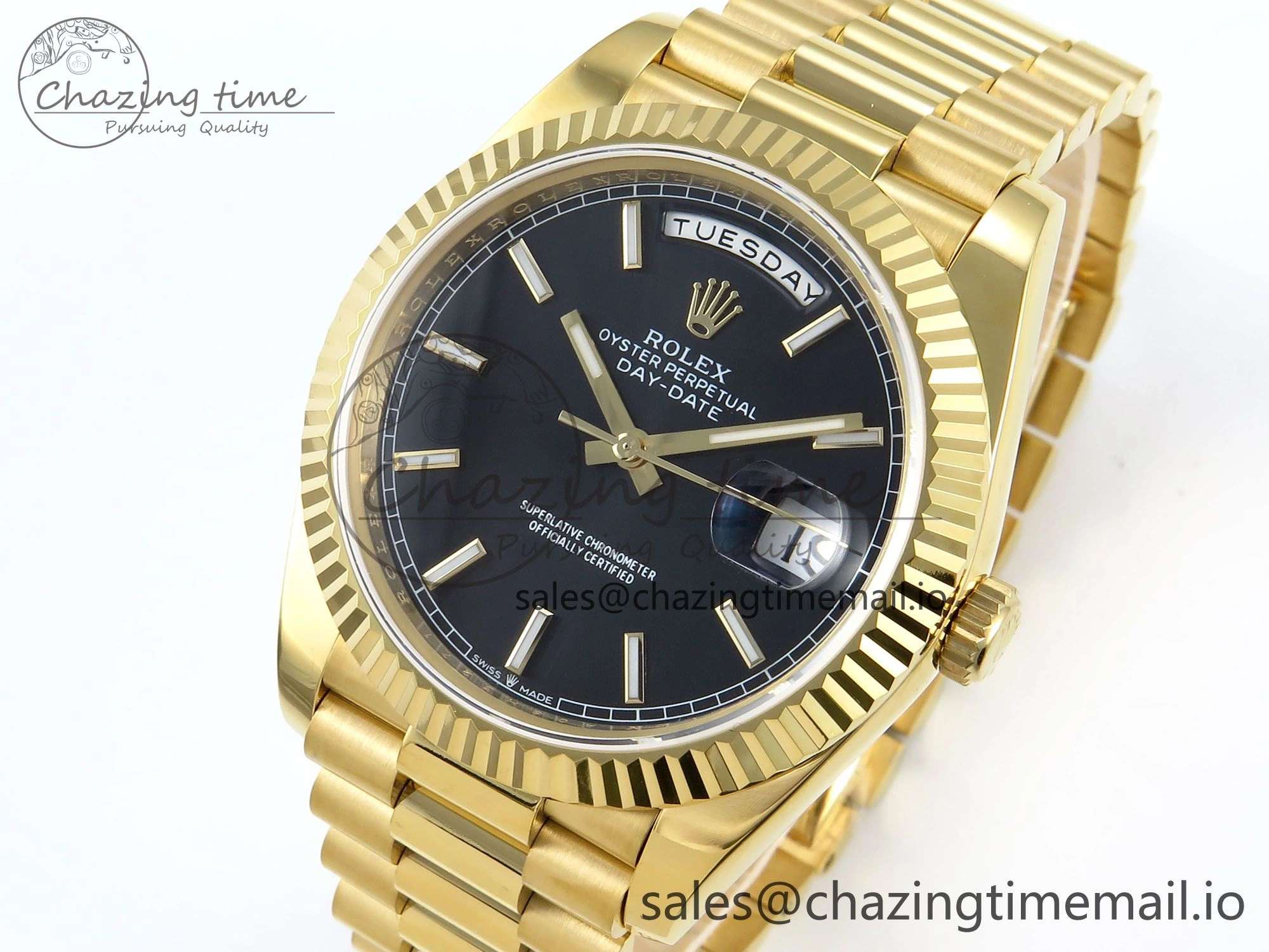 Day Date 128238 36mm YG KF 1:1 Best Edition Black Dial Stick Marker On President Bracelet A2836 (Gain Weight)