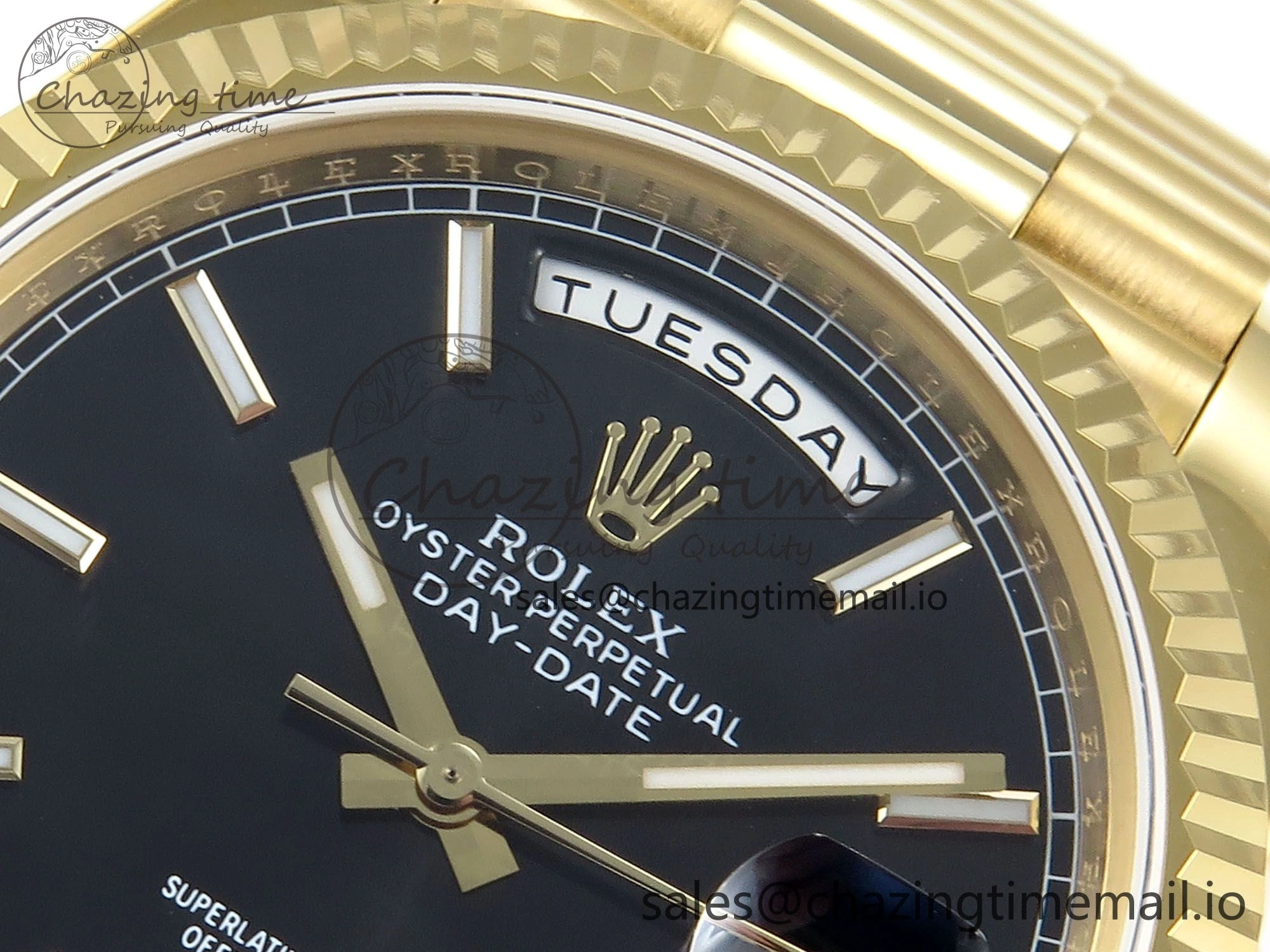 Day Date 128238 36mm YG KF 1:1 Best Edition Black Dial Stick Marker On President Bracelet A2836 (Gain Weight)