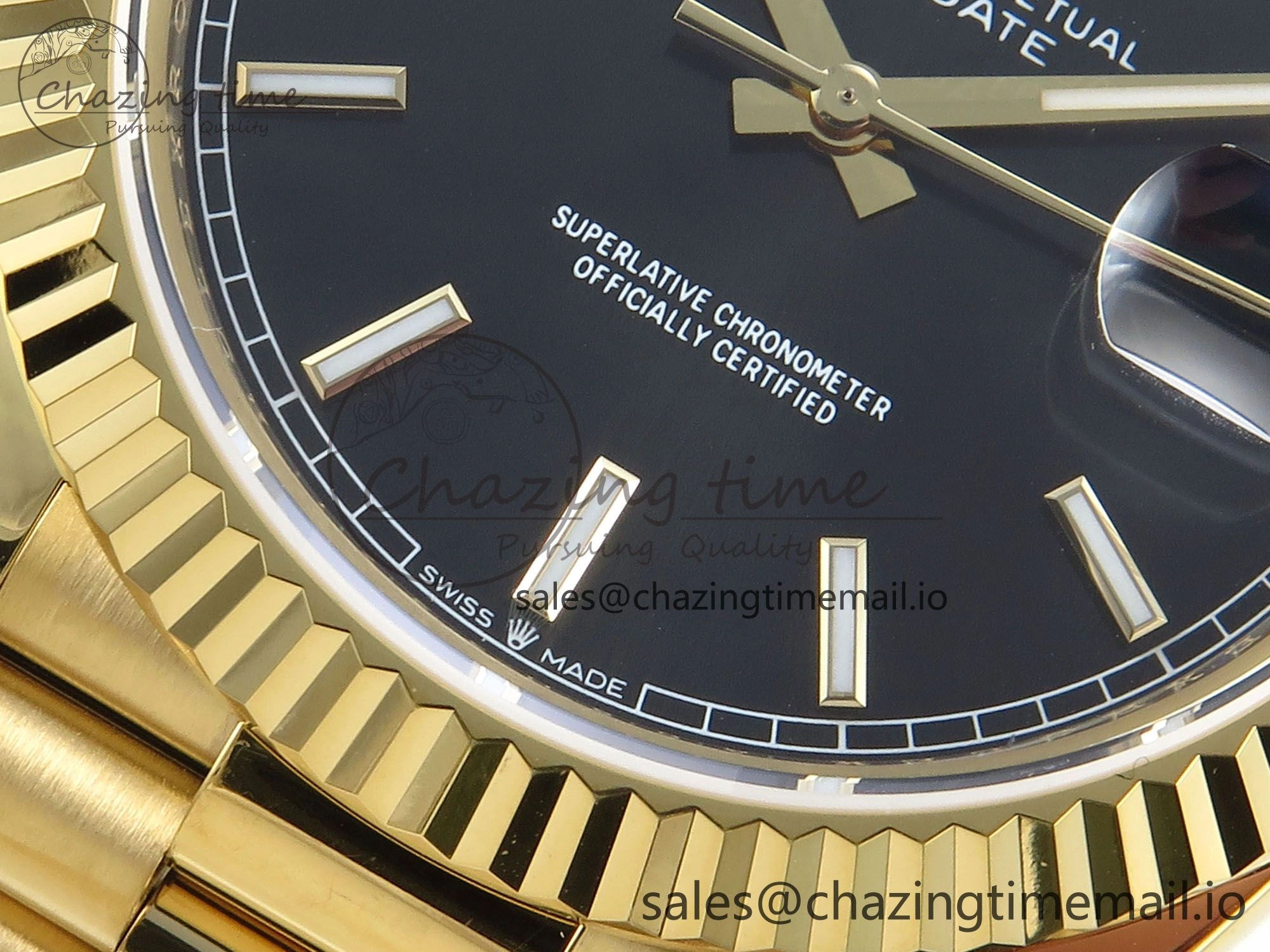 Day Date 128238 36mm YG KF 1:1 Best Edition Black Dial Stick Marker On President Bracelet A2836 (Gain Weight)