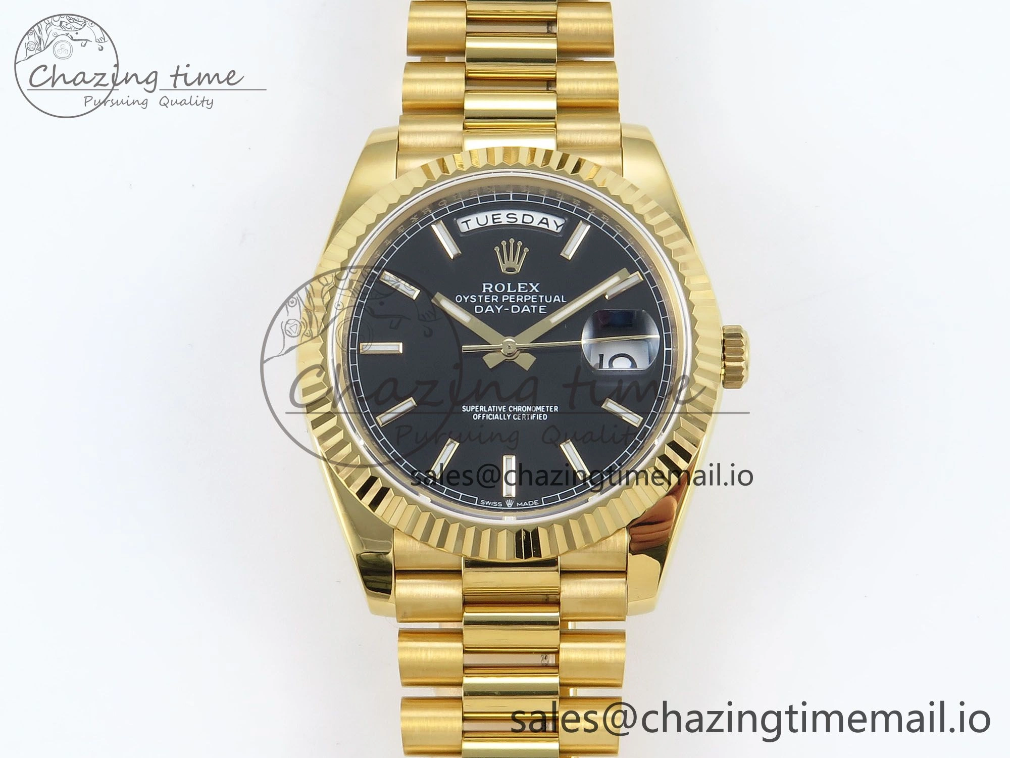 Day Date 128238 36mm YG KF 1:1 Best Edition Black Dial Stick Marker On President Bracelet A2836 (Gain Weight)