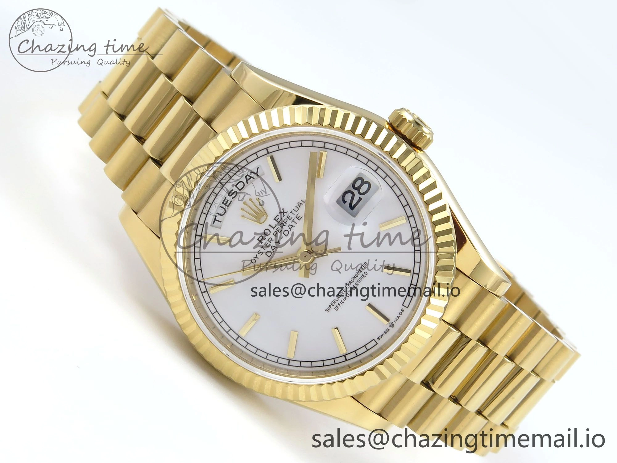Day Date 128238 36mm YG KF 1:1 Best Edition White Dial Stick Marker On President Bracelet A2836 (Gain Weight)