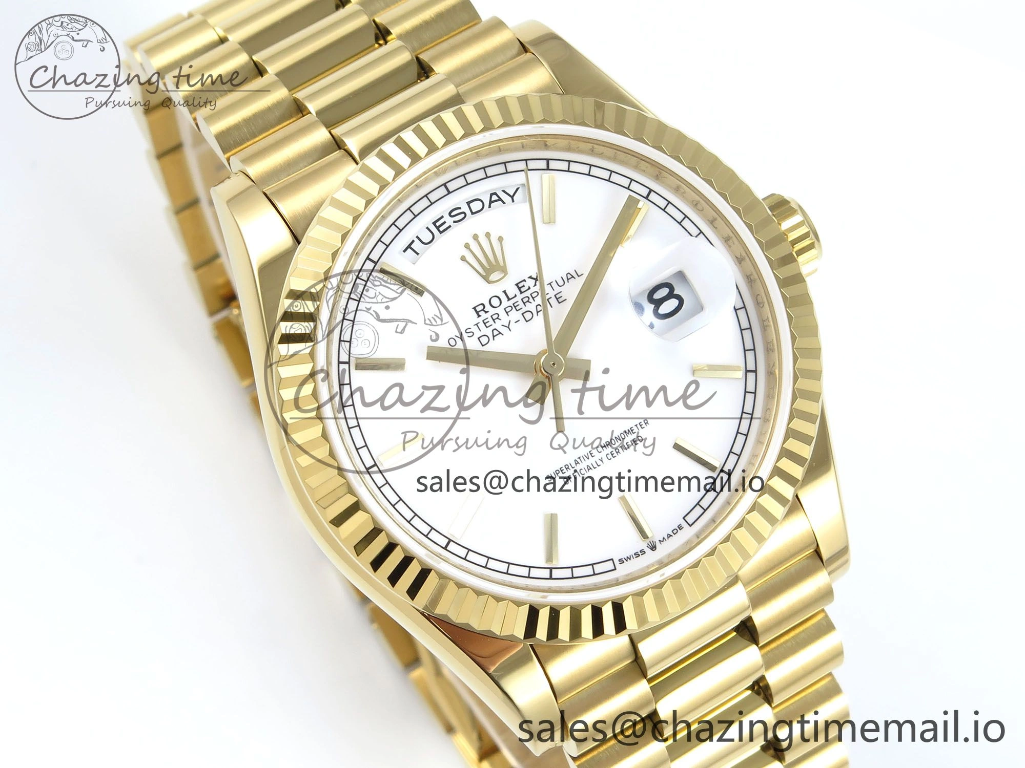 Day Date 128238 36mm YG KF 1:1 Best Edition White Dial Stick Marker On President Bracelet A2836 (Gain Weight)