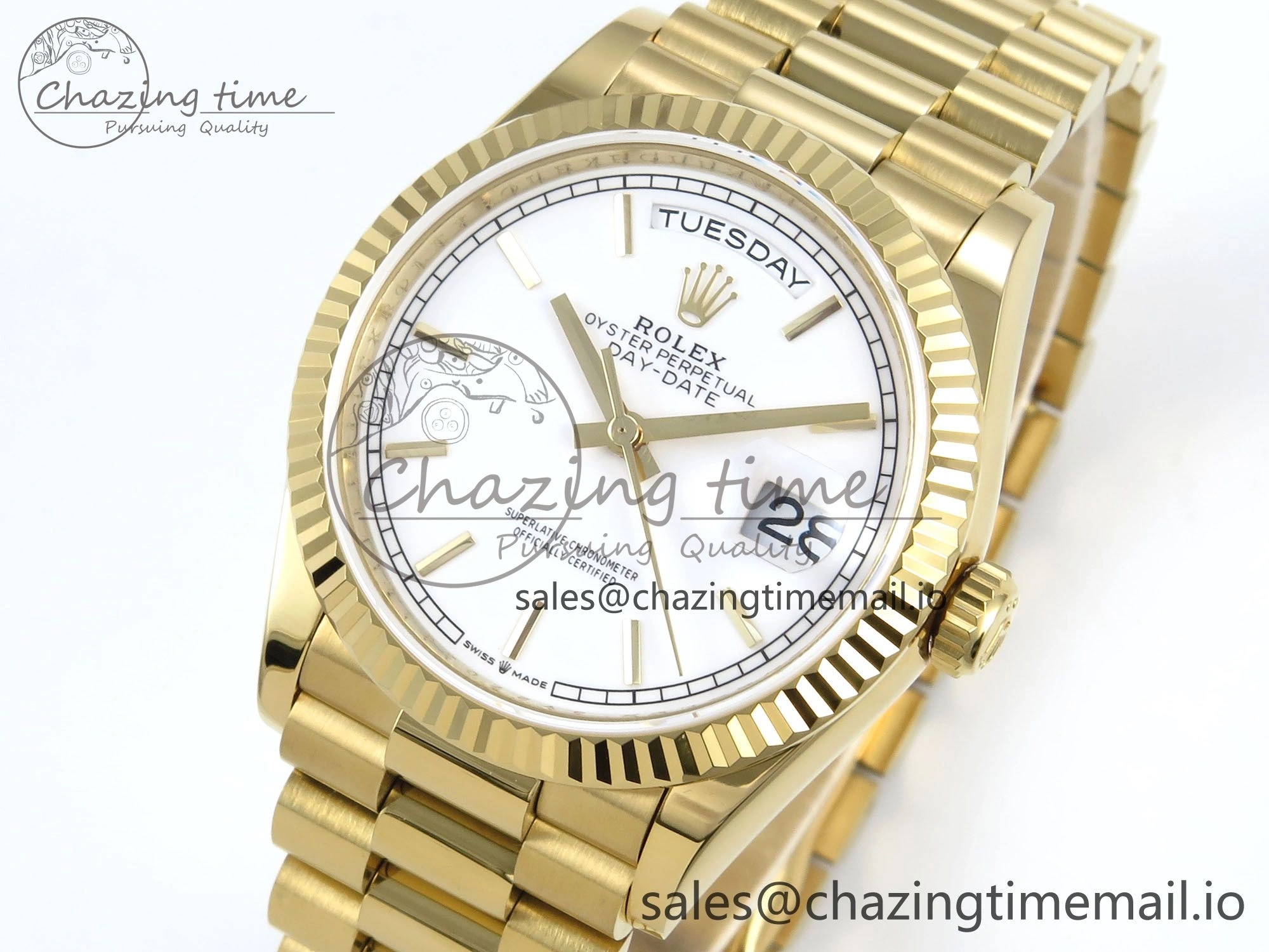 Day Date 128238 36mm YG KF 1:1 Best Edition White Dial Stick Marker On President Bracelet A2836 (Gain Weight)
