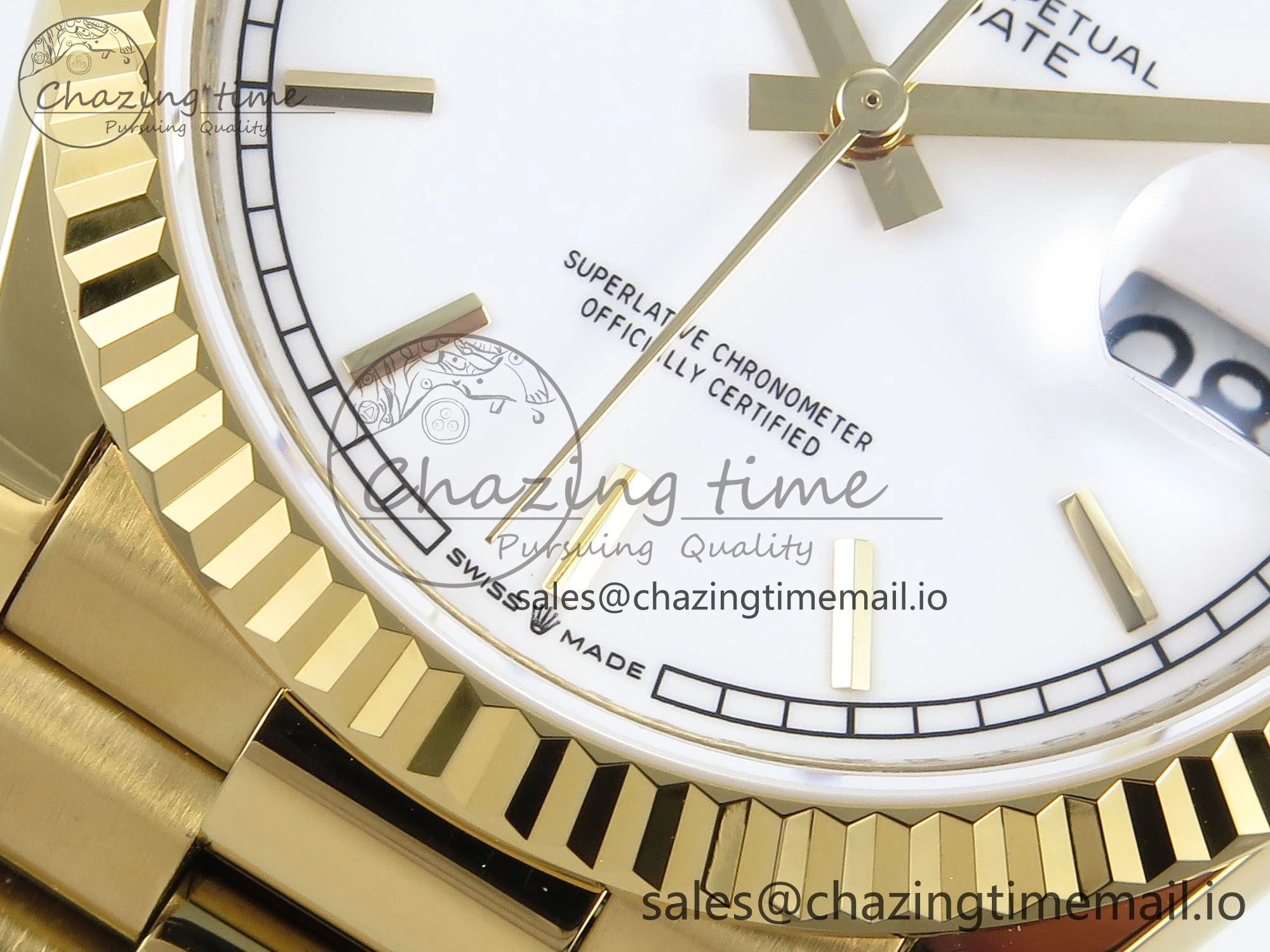 Day Date 128238 36mm YG KF 1:1 Best Edition White Dial Stick Marker On President Bracelet A2836 (Gain Weight)