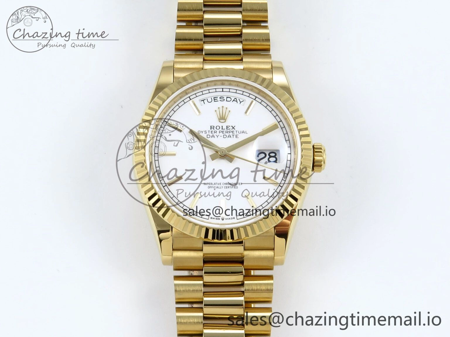 Day Date 128238 36mm YG KF 1:1 Best Edition White Dial Stick Marker On President Bracelet A2836 (Gain Weight)