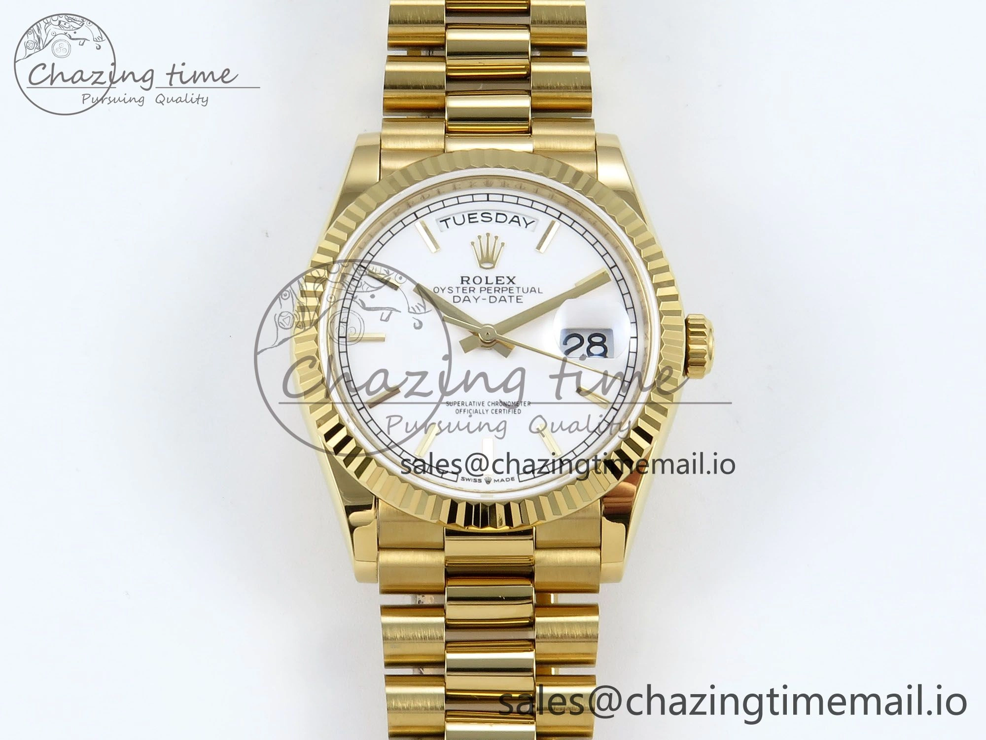 Day Date 128238 36mm YG KF 1:1 Best Edition White Dial Stick Marker On President Bracelet A2836 (Gain Weight)
