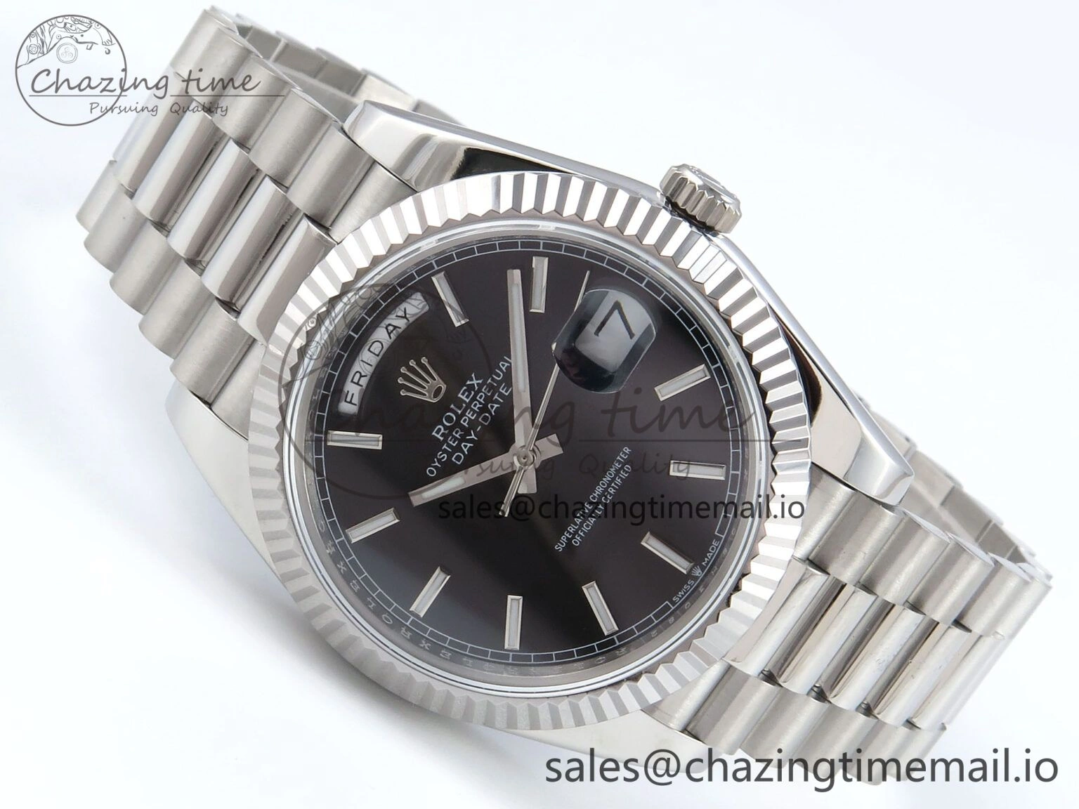 Day Date 128239 36mm SS KF 1:1 Best Edition Black Dial Stick Marker On President Bracelet A2836 (Gain Weight)