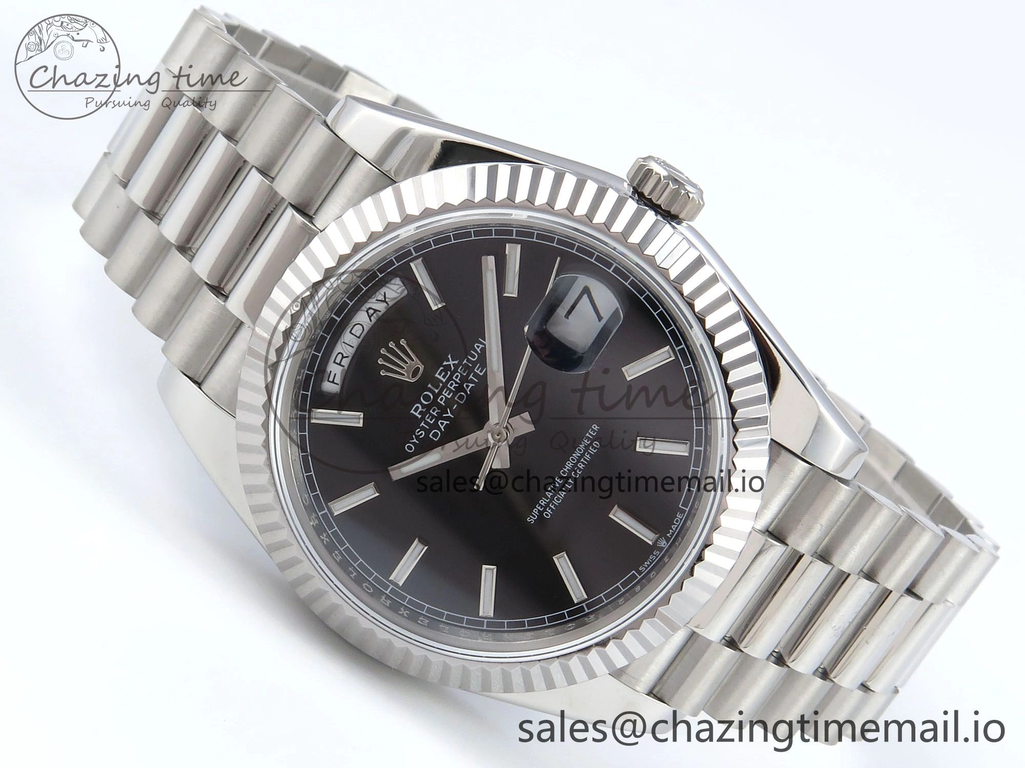 Day Date 128239 36mm SS KF 1:1 Best Edition Black Dial Stick Marker On President Bracelet A2836 (Gain Weight)