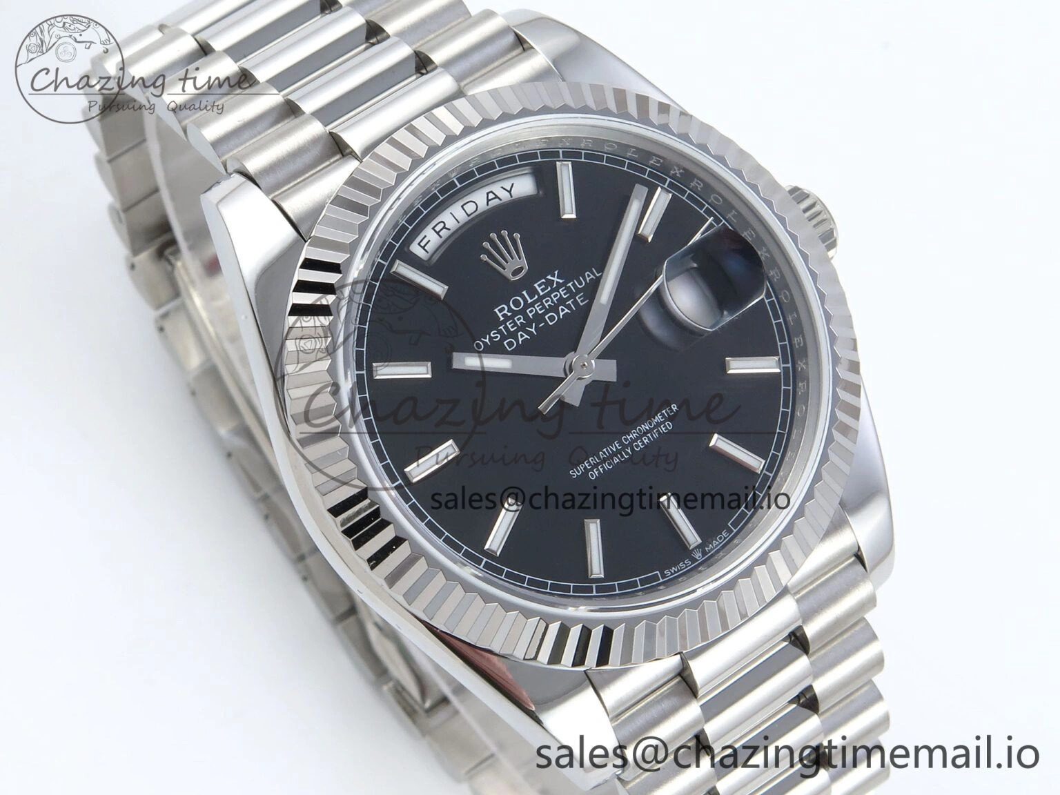 Day Date 128239 36mm SS KF 1:1 Best Edition Black Dial Stick Marker On President Bracelet A2836 (Gain Weight)