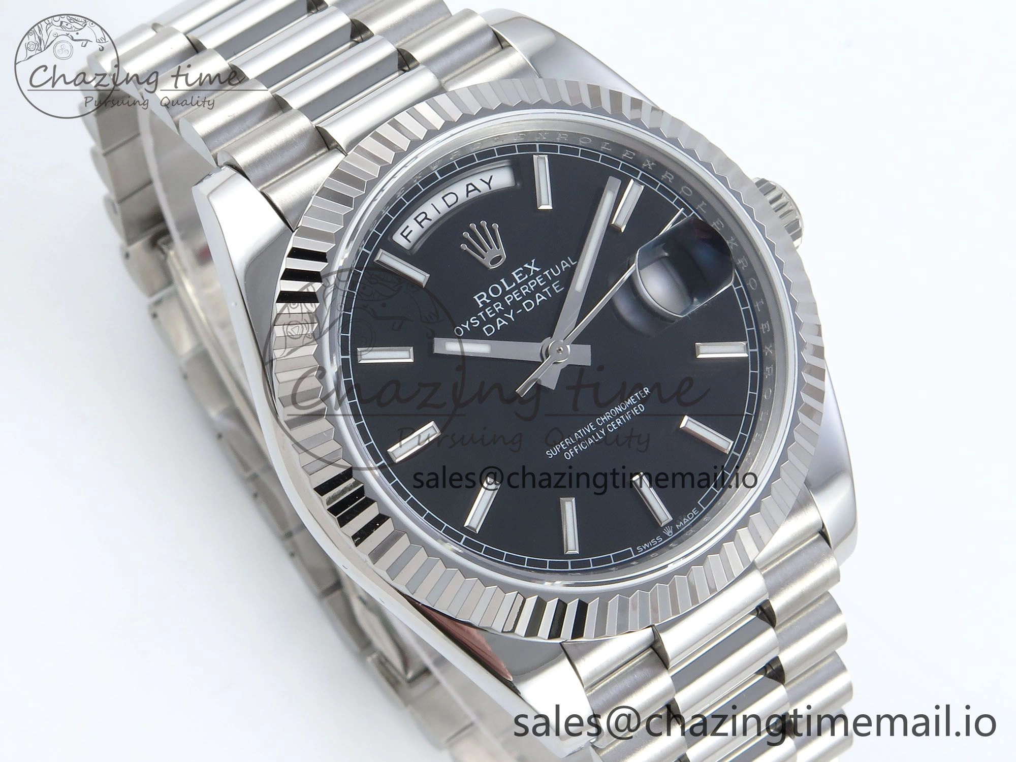 Day Date 128239 36mm SS KF 1:1 Best Edition Black Dial Stick Marker On President Bracelet A2836 (Gain Weight)