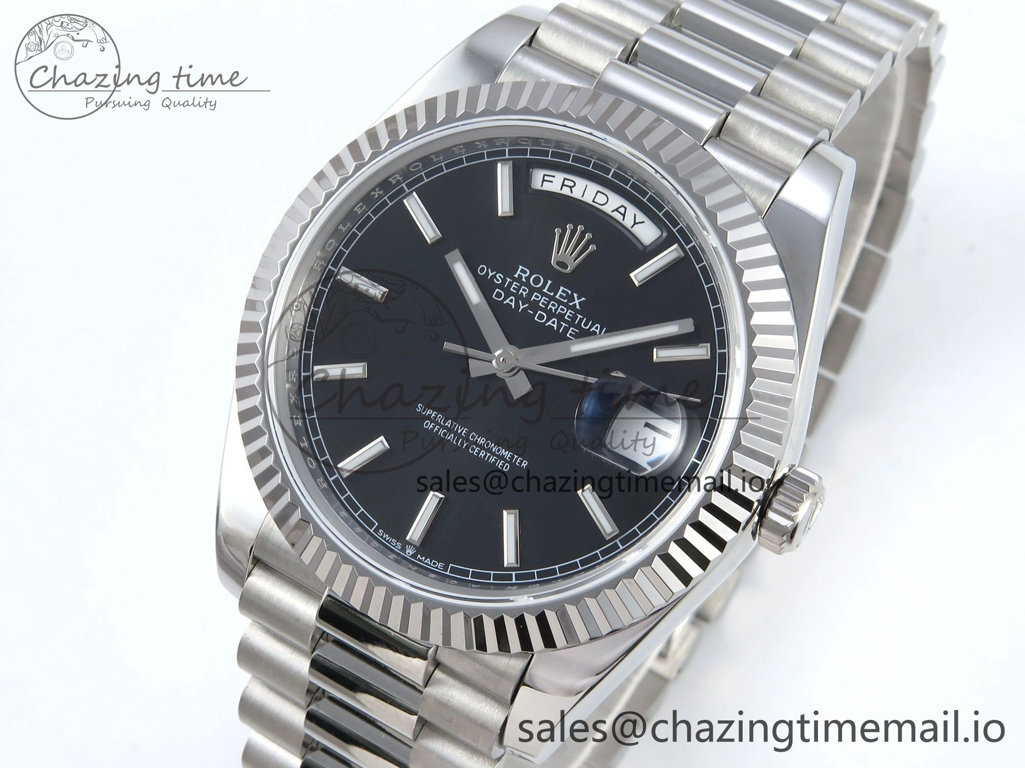 Day Date 128239 36mm SS KF 1:1 Best Edition Black Dial Stick Marker On President Bracelet A2836 (Gain Weight)