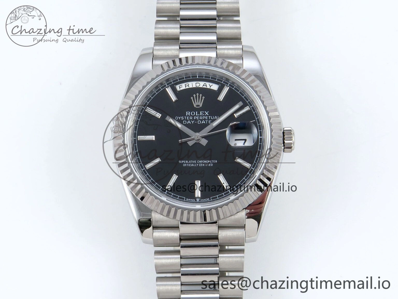 Day Date 128239 36mm SS KF 1:1 Best Edition Black Dial Stick Marker On President Bracelet A2836 (Gain Weight)