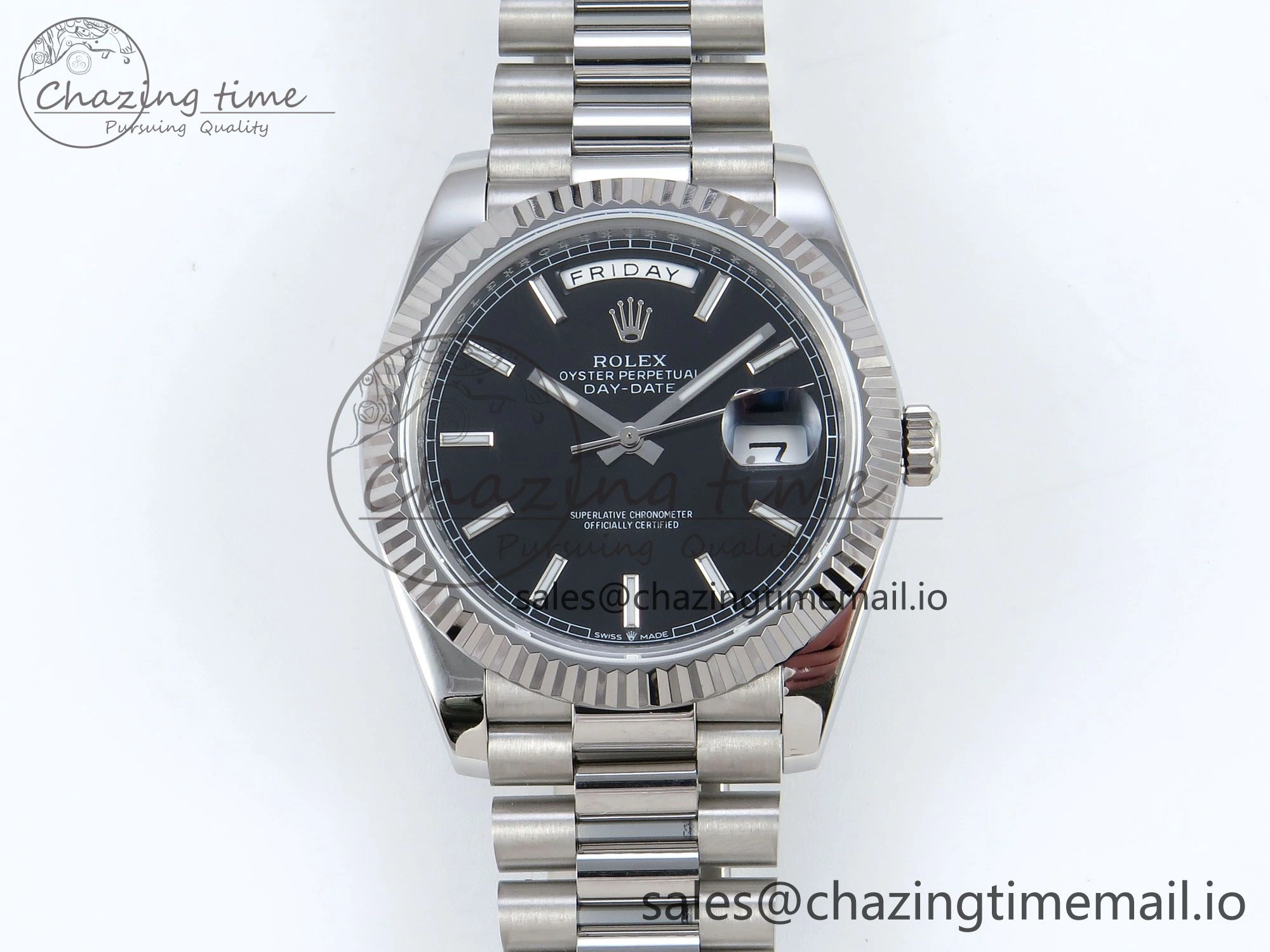 Day Date 128239 36mm SS KF 1:1 Best Edition Black Dial Stick Marker On President Bracelet A2836 (Gain Weight)