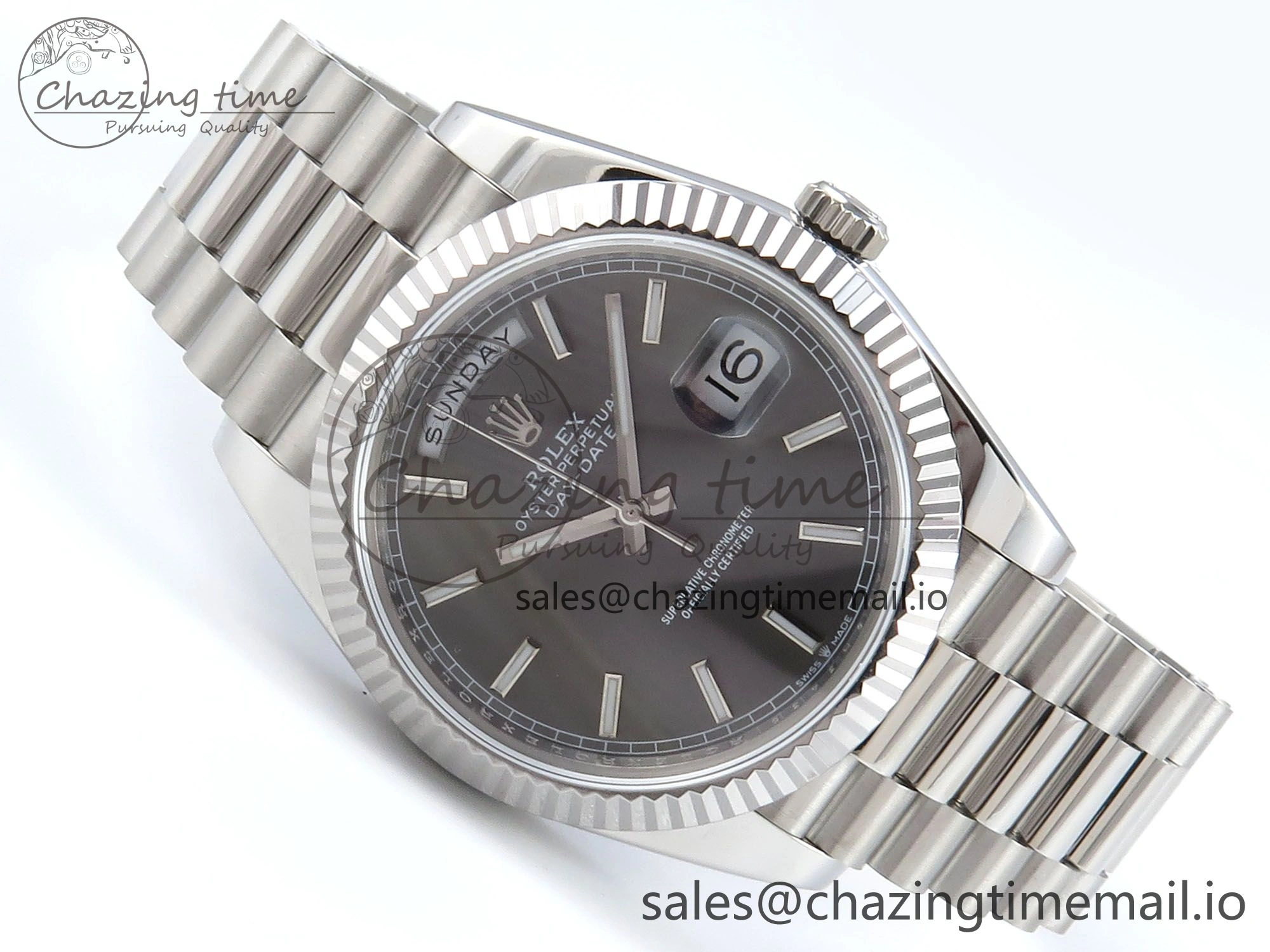 Day Date 128239 36mm SS KF 1:1 Best Edition Gray Dial Stick Marker On President Bracelet A2836 (Gain Weight)