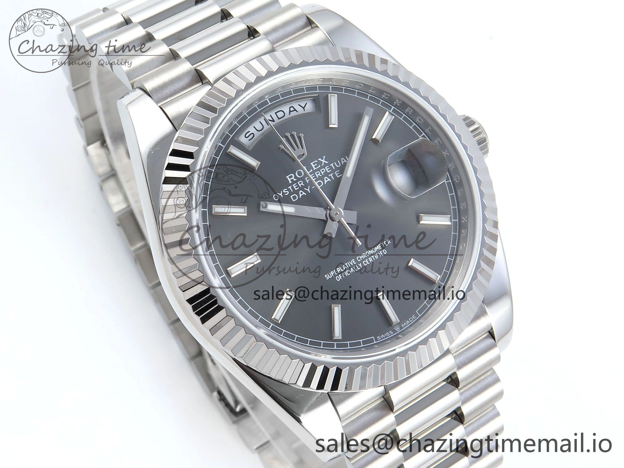 Day Date 128239 36mm SS KF 1:1 Best Edition Gray Dial Stick Marker On President Bracelet A2836 (Gain Weight)