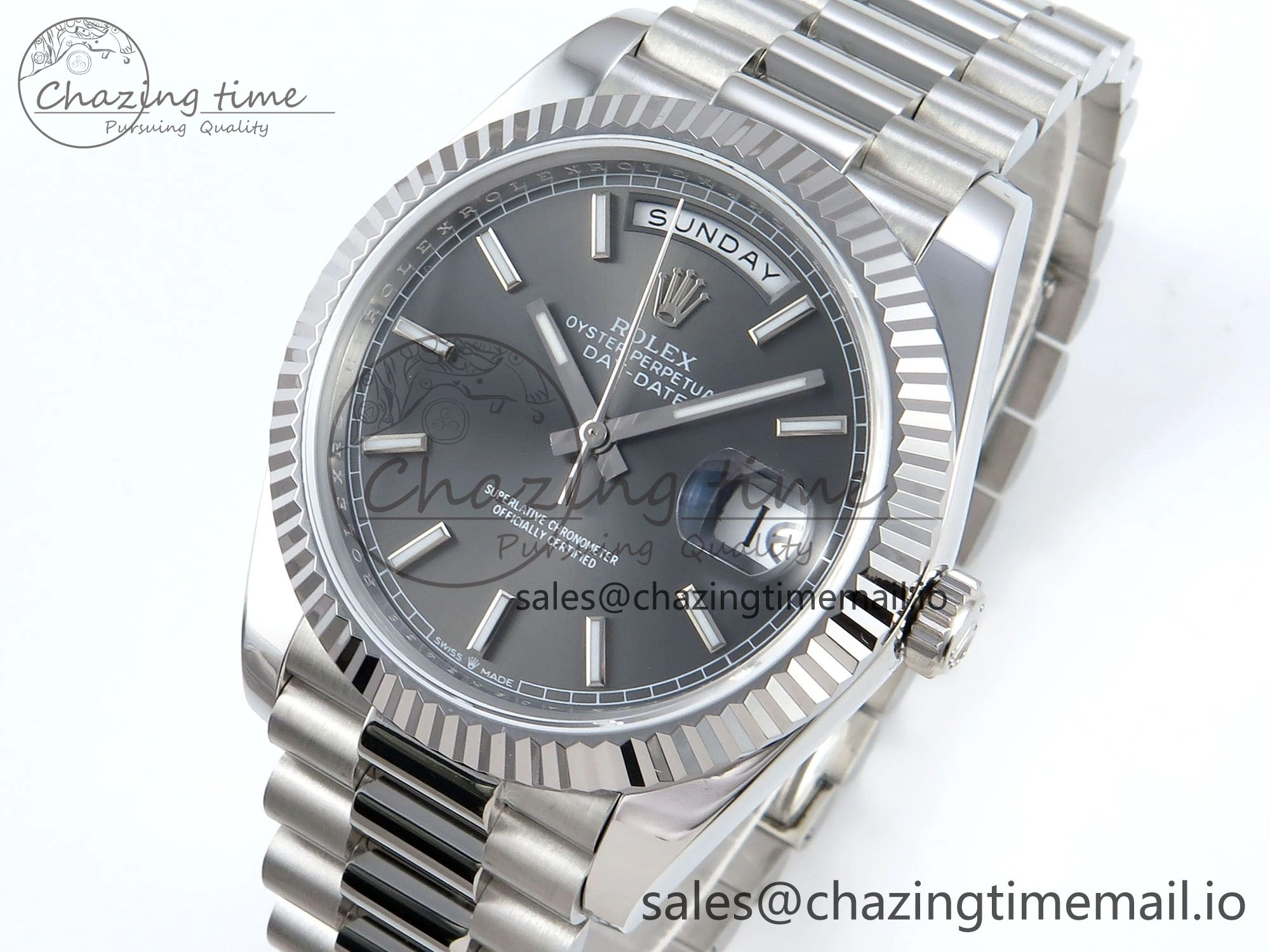 Day Date 128239 36mm SS KF 1:1 Best Edition Gray Dial Stick Marker On President Bracelet A2836 (Gain Weight)