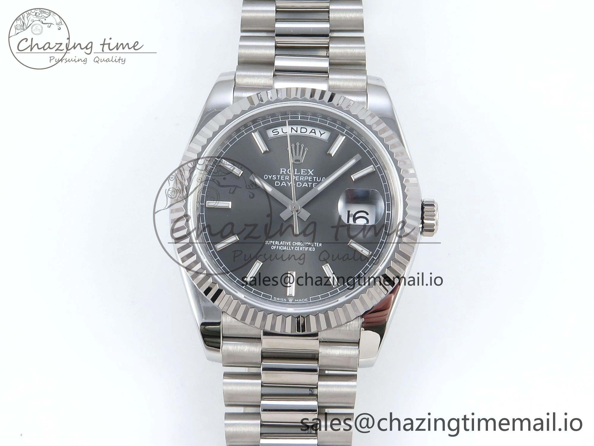 Day Date 128239 36mm SS KF 1:1 Best Edition Gray Dial Stick Marker On President Bracelet A2836 (Gain Weight)