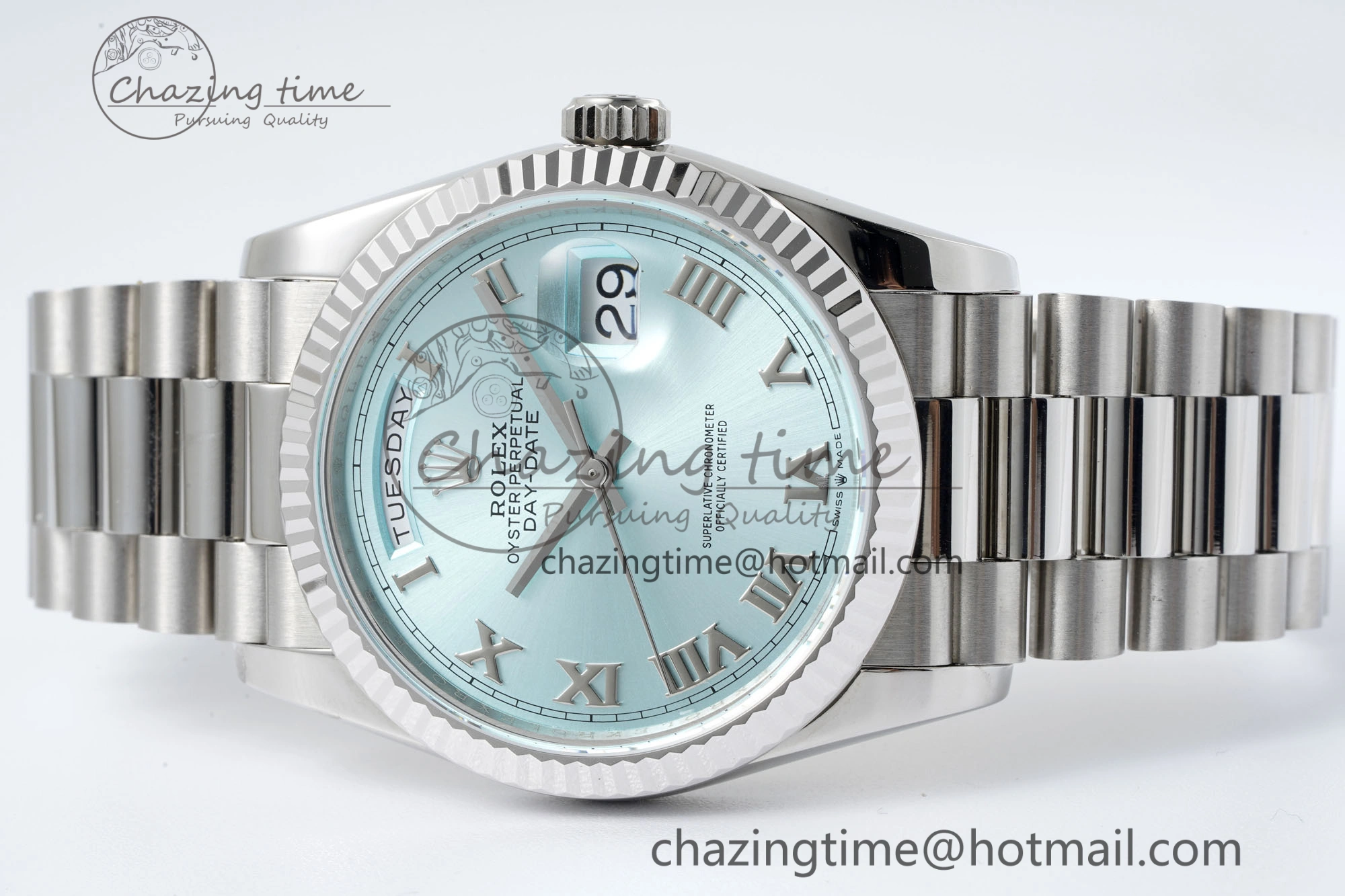 Day Date 36 JDF 1:1 Best Edition 904L Steel Ice Blue Dial Roman Markers on Bracelet A2836