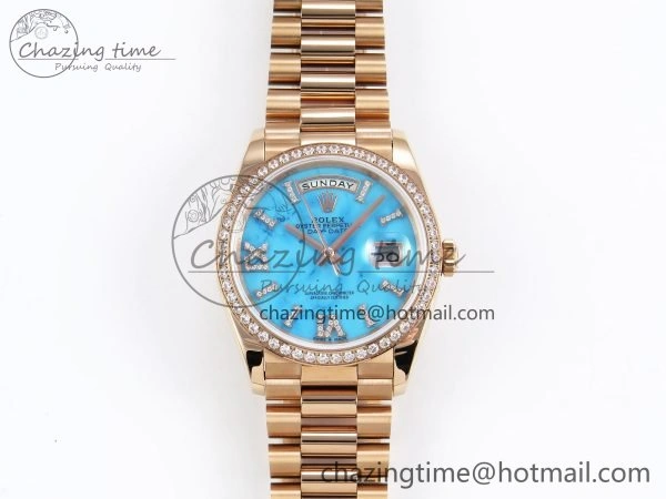 Day Date 36 RG RAF 1:1 Best Edition Tiffany Blue Stone Roman Dial Diamonds Bezel on RG Bracelet A2836