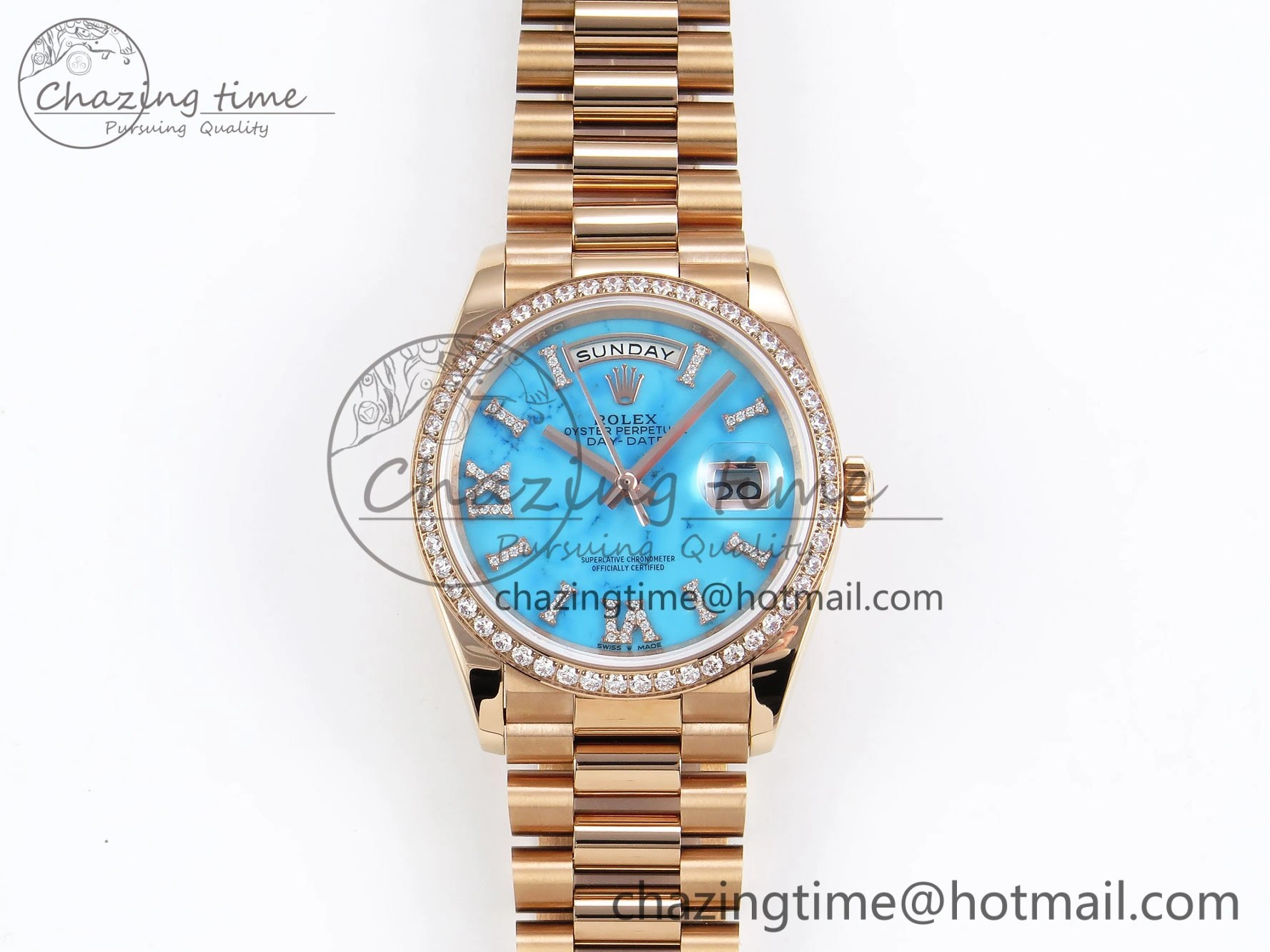Day Date 36 RG RAF 1:1 Best Edition Tiffany Blue Stone Roman Dial Diamonds Bezel on RG Bracelet A2836