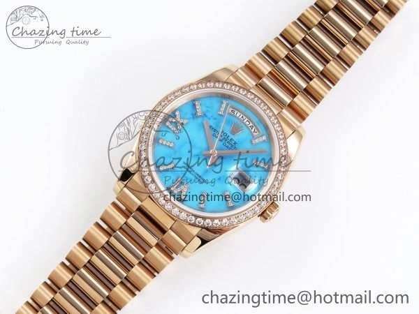 Day Date 36 RG RAF 1:1 Best Edition Tiffany Blue Stone Roman Dial Diamonds Bezel on RG Bracelet A2836