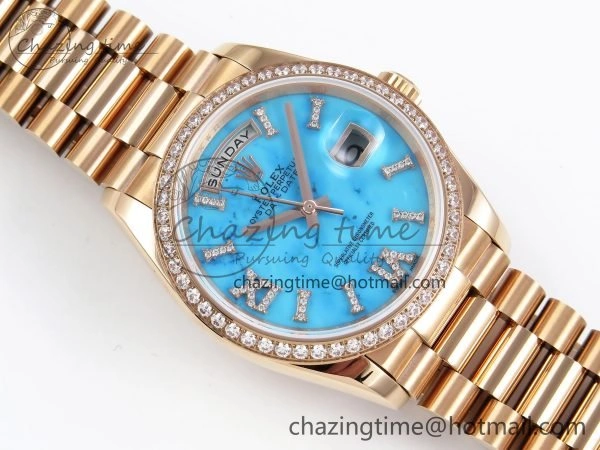 Day Date 36 RG RAF 1:1 Best Edition Tiffany Blue Stone Roman Dial Diamonds Bezel on RG Bracelet A2836