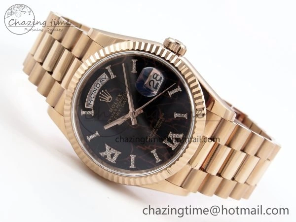 Day Date 36 RG TWSF Best Edition Black Roman Diamonds Dial on RG Bracelet A2836